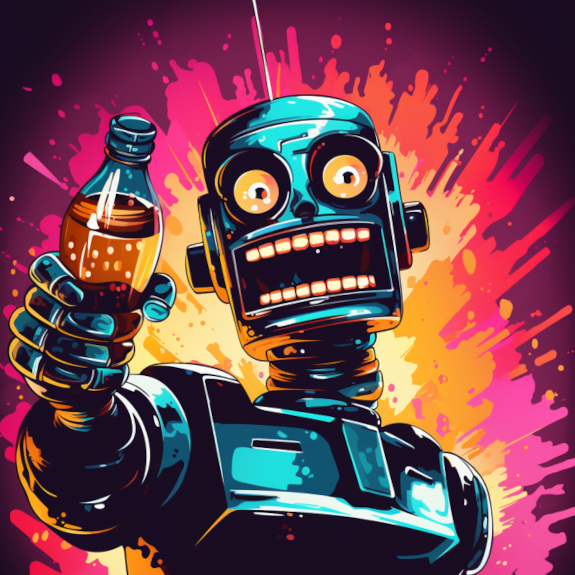 a robot thrusting a bottle of oil toward the viewer